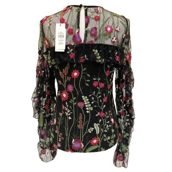 Red Carter Brianne Floral Embroidered Blouse Ruffle Sleeves Black Red  NWT S - Picture 6 of 11